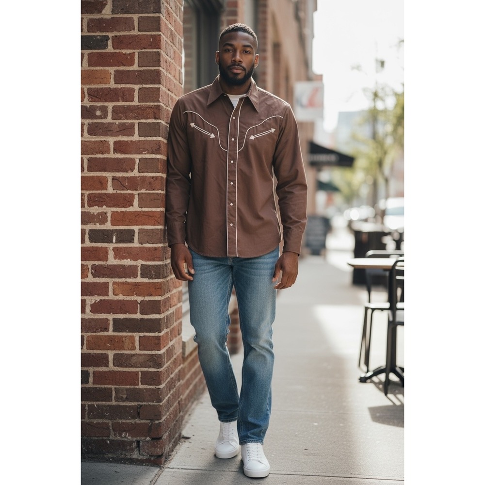 Karman Vintage Mens Western Shirt Brown Long Sleeve Cowboy Rodeo Pearl Snap‎ L